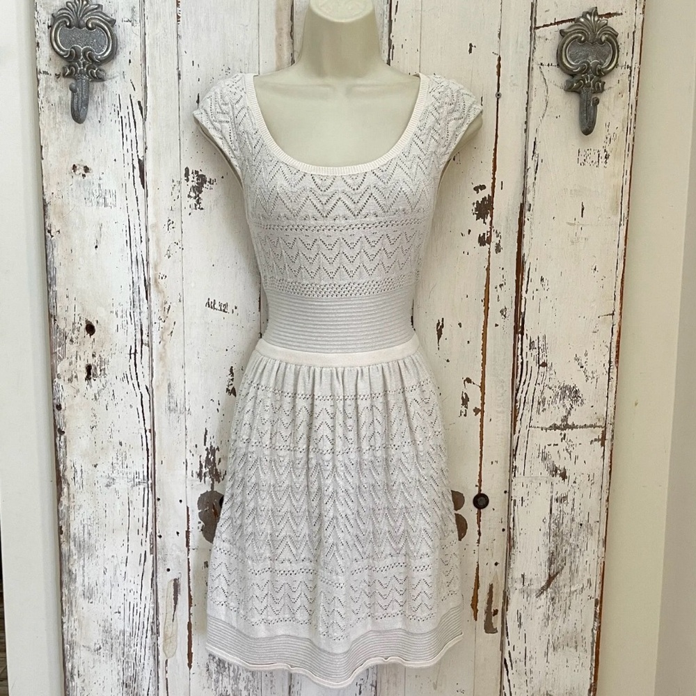 New Cream Crochet Knit Fit and Flare Dress M
